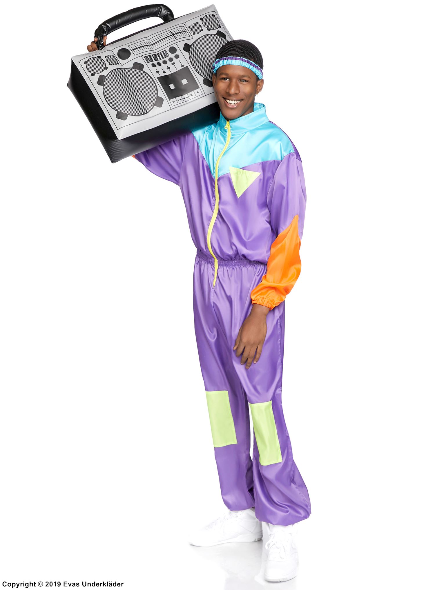 Men's 80s ski suit, jumpsuit costume, front zipper, colorful design